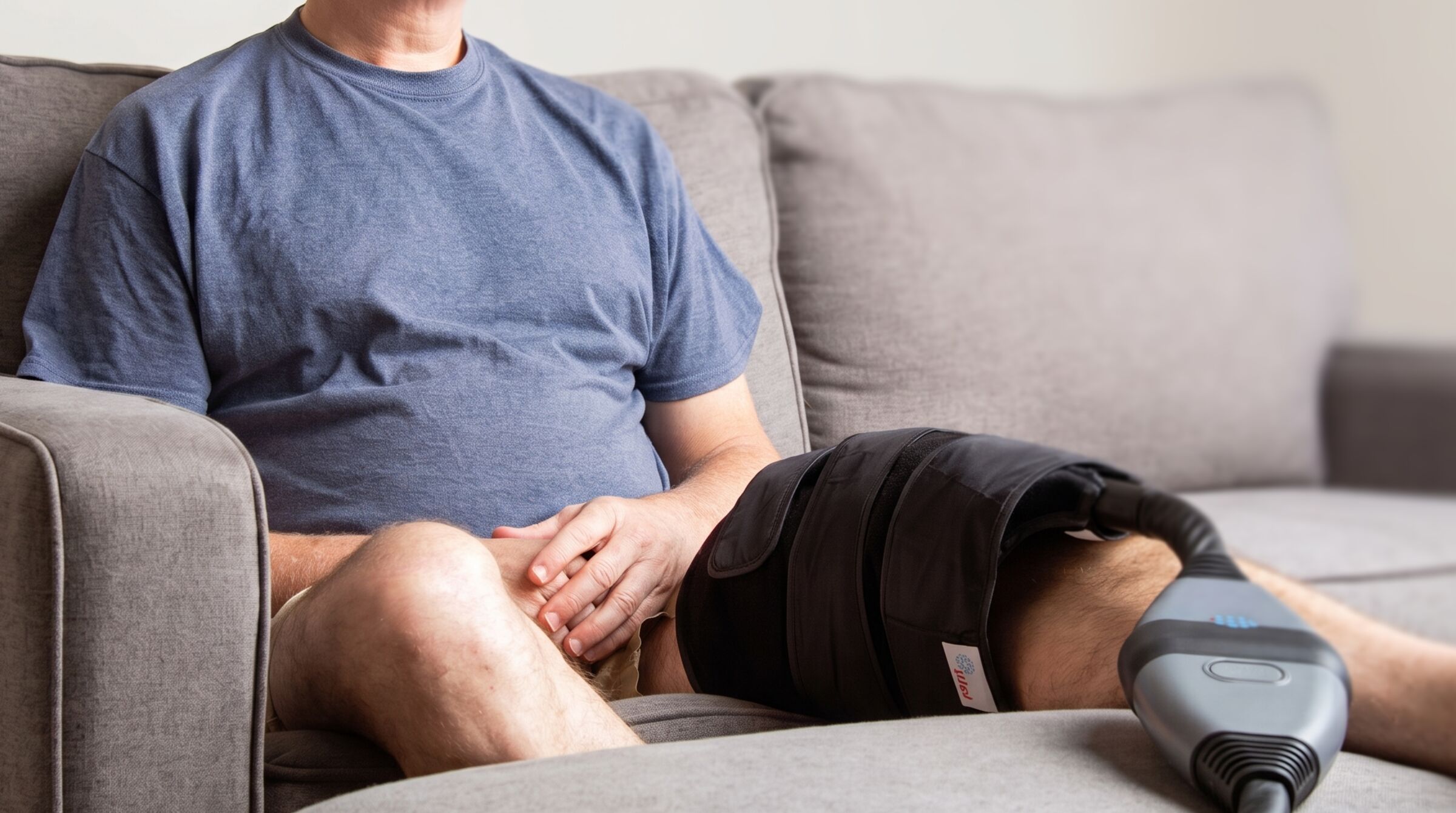 A man sitting on a couch with a Kelvi knee wrap and connector